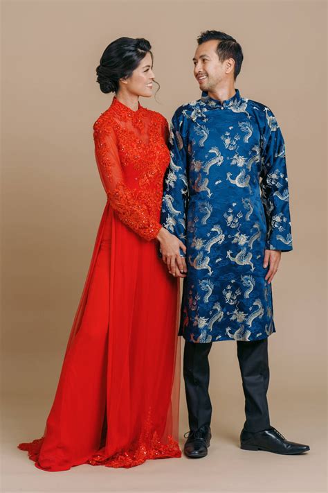 Hong Jacket Traditional Vietnamese Mens Wedding Ao Gam East Meets
