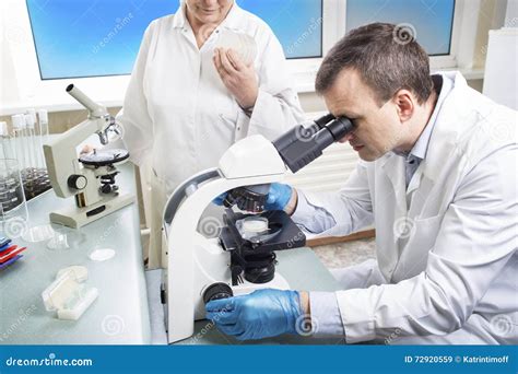 Scientifique Looking Through Microscope Dans Le Laboratoire Image Stock
