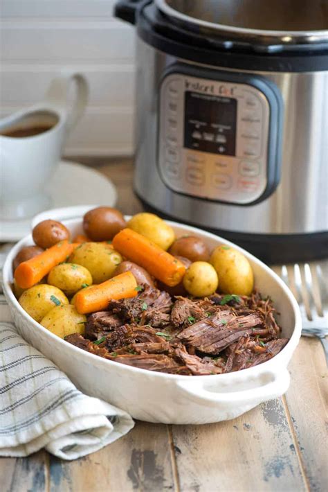 Slow release pressure after 10 minutes, open pot, add potato and carrots, reseal lid then pressure cook 10 minutes with another 10 minute cool down, then open. Instant Pot Pot Roast with Carrots and Potatoes | Valerie's Kitchen