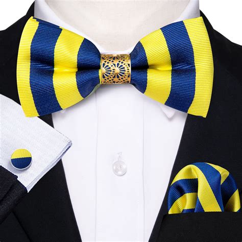 Blue Yellow Stripe Bow Tie Hanky Cufflinks Set Cufflink Set Pocket