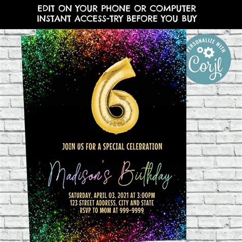 Editable 6th Birthday Invite 6th Birthday Invitation Rainbow Etsy In