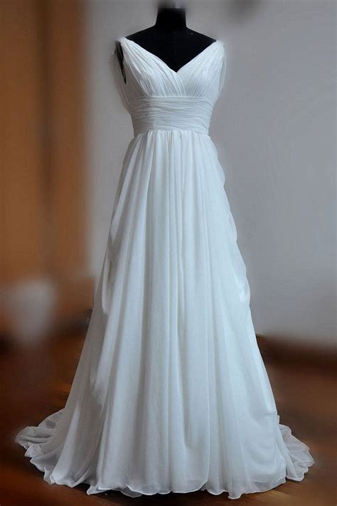 Simple White A Line Backless Sweep Chiffon Cheap Beach Wedding Dresses Okdresses