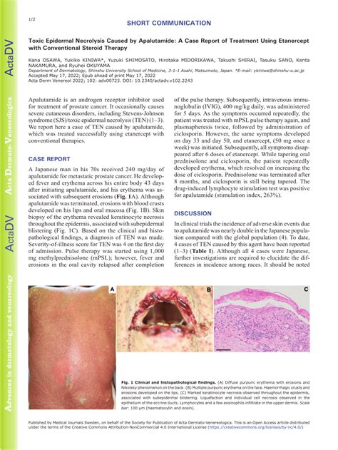 Pdf Toxic Epidermal Necrolysis Caused By Apalutamide A Case Report