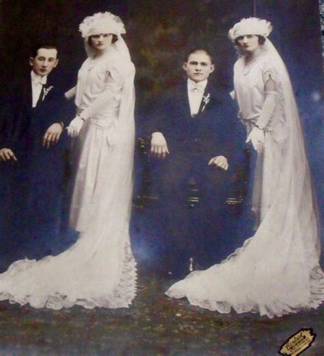 Twin Double Wedding Twin Brides Pose With Their Grooms Vintage Photo 1920s Antique Wedding