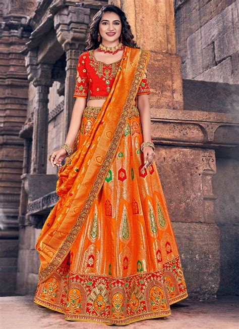 Orange Banarasi Silk Reception Lehenga Choli