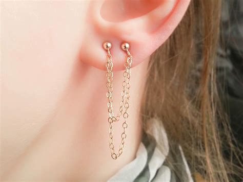 Double Chain Earrings Gold Multiple Studs Set 2 Hole Lobe Piercing