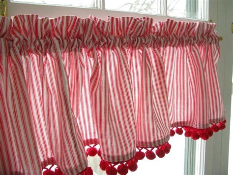 curtain valance red white ticking