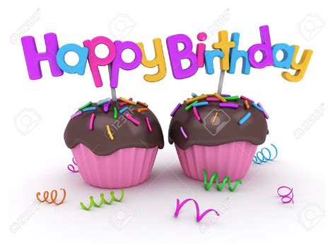 3d Illustration Of Twin Cupcakes With Birthday Greetings Attached Stock