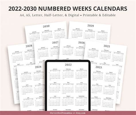 2022 2030 Numbered Weeks Yearly Calendar 2022 Printable Etsy
