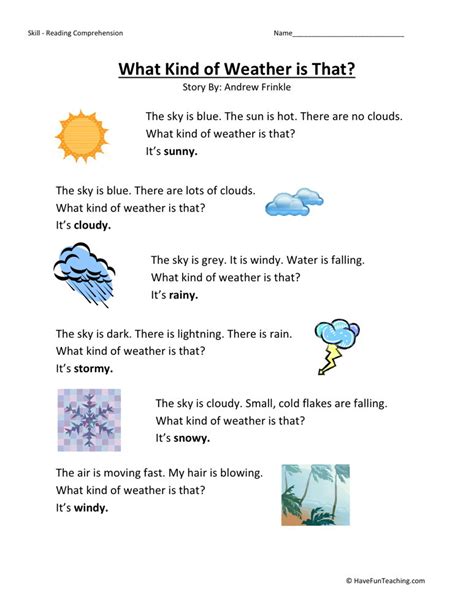 Teachers in the classroom and at home are sure to find our materials your reading comprehension materials are the best i've found on the web. Reading Comprehension Worksheet - What Kind of Weather is ...