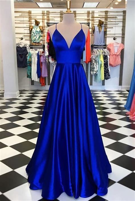 A Line V Neck Royal Blue Prom Dress Long Satin Evening Party Dresses