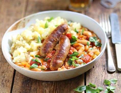 Italian Sausages And Beans With Crushed New Potatoes Recipe Abel And Cole