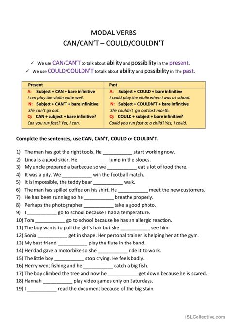 Modal Verbs Can Can T Could An English Esl Worksheets Pdf Doc