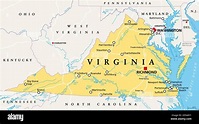 Virginia, va, mapa político. Commonwealth de Virginia. Estado en el ...