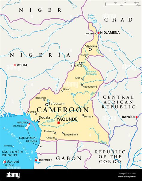 Politische Landkarte Kamerun Mit Hauptstadt Yaounde Landesgrenzen Die
