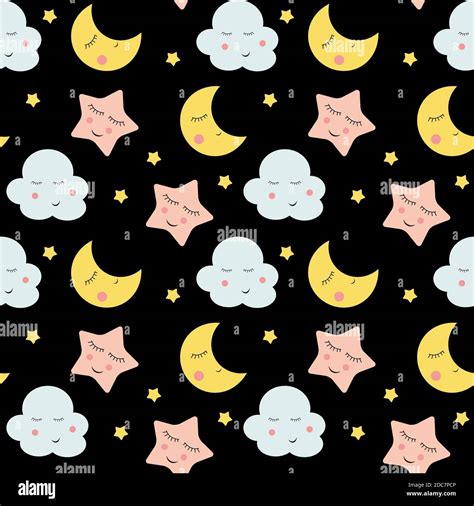 Cute Clouds Star And Moons Seamless Pattern Background Illustration