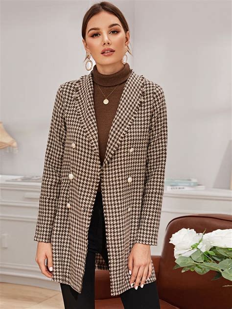 Double Button Houndstooth Pea Coat SHEIN USA Houndstooth Coat Double Breasted Pea Coat