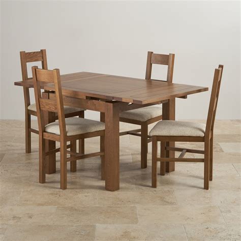 Rustic Oak Dining Set 3ft Table With 4 Beige Chairs