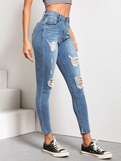 High Waist High Stretch Slant Pocket Skinny Jeans Cute Ripped Jeans