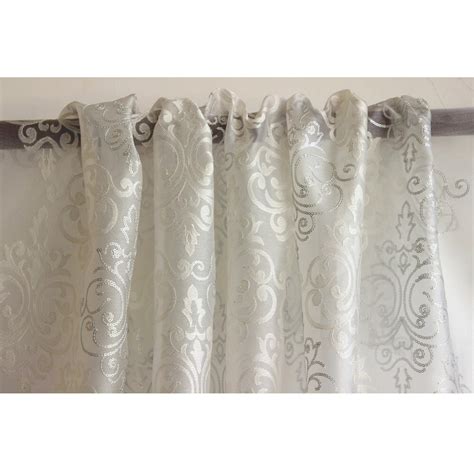 White And Silver Damask Embroidered Sheer Curtain Fabric By The Etsy