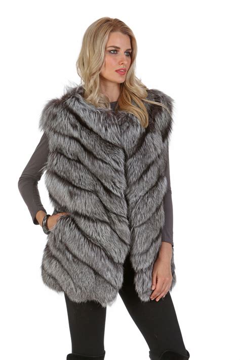 Genuine Silver Fox Fur Vest Real Fur Gilet For Women Chevron Design