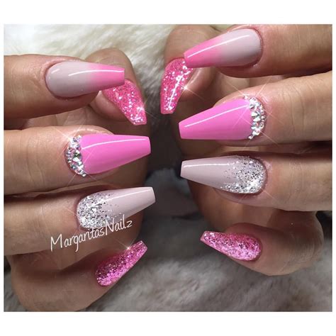 Pink Ombré Coffin Nails Fashion Nail Design Glitter Fade Art Swarovski