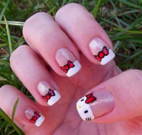Adorable White French Tips Topped With Hello Kitty Red Bows And A Hello