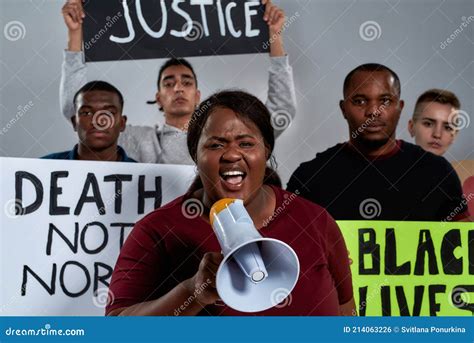 African American Woman Screaming Into Loudspeaker Stock Photo Image