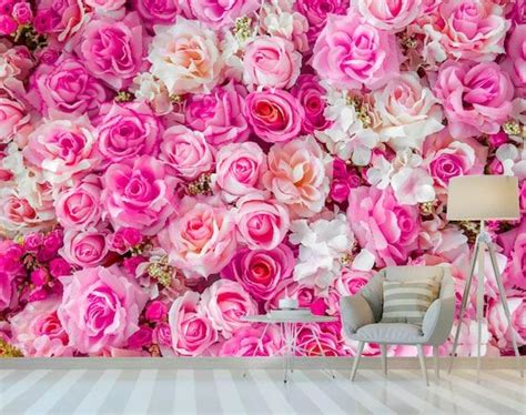 Soft Pink Color Roses Flower Wallpaper Bedroom Wall Mural Etsy Wall