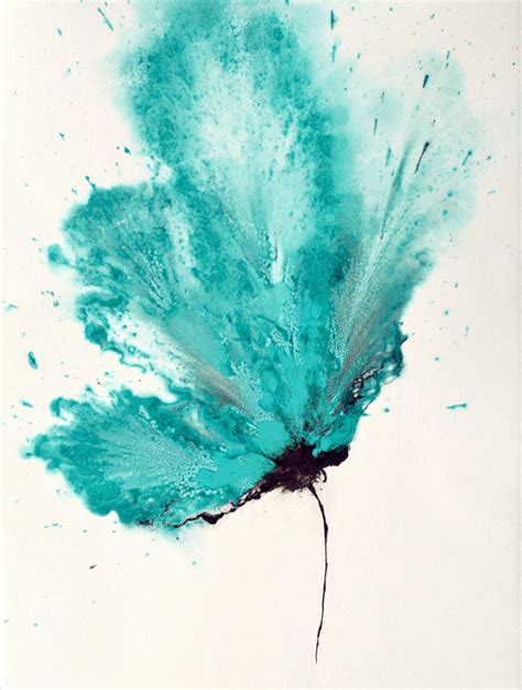 Art Abstract Flower Painting Teal Blue 18 X 24 Original