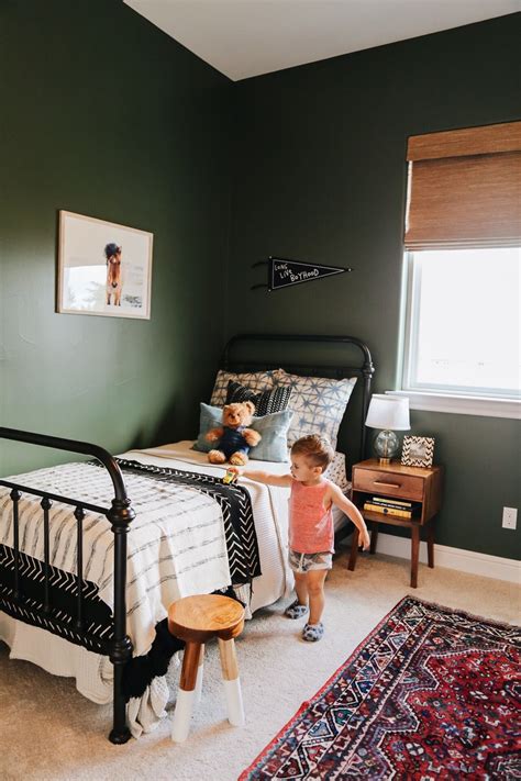 Toddler Room Iron Bed Dark Green Walls Big Boy Room Boy Nursery