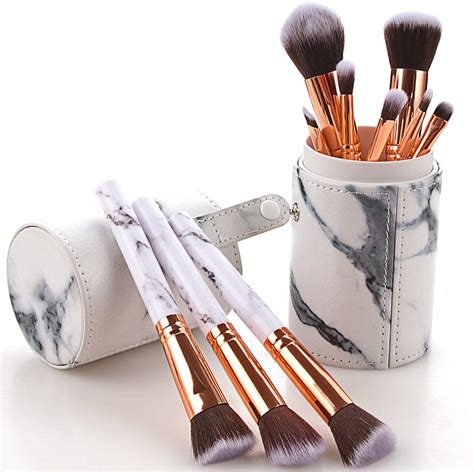 10pcs Marble Makeup Brush Set With Pu Leather Organiser