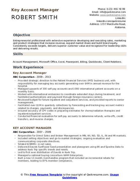 This is 36.8% above the national average advertised salary of £35,386. Key Account Manager Resume Samples | QwikResume