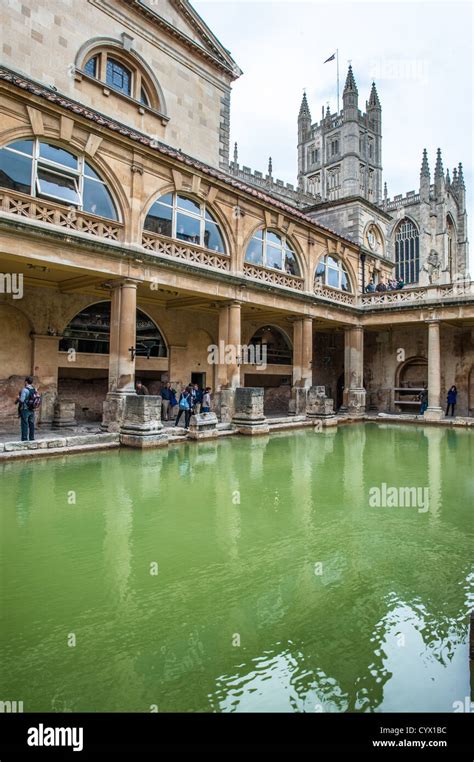 Bath Uk A View Of The Waters Of The Historic Roman Baths In Bath