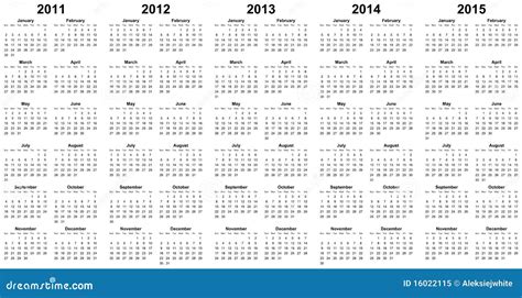 Calendar For Year 2011 2012 2013 2014 2015 Stock Illustration