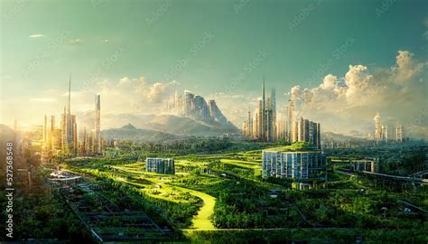 Raster Illustration Of Biologically Clean City City Among Forests