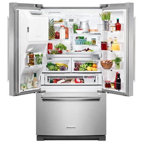 With fresh food more easily accessible on top at eye level, all french door refrigerators utilize the lower compartment for storing frozen food. KitchenAid 27 cu. ft. French Door Refrigerator in ...