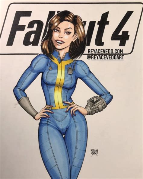 Feamle Protagionist From Fallout 4 In Blue Vault Suit Fanart In 2021 Space Suit Full Body