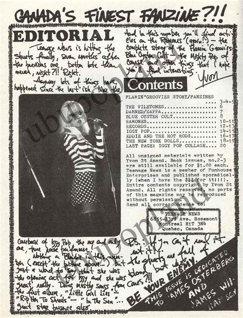 Ubupopland Bookshop Teenage News 4 The Ramones Iggy Pop New York Dolls Sex Pistols 60s 70s