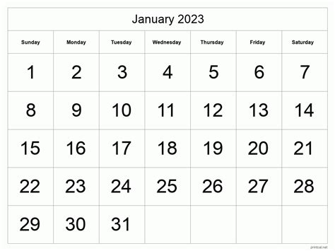 Printable January 2023 Calendar Classic Blank Sheet Aria Art