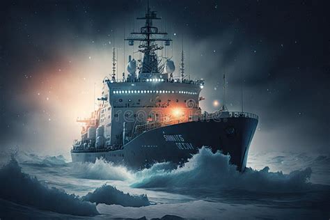 Powerful Icebreaker Ship With Lights On Deck Moving Along Sea Stock