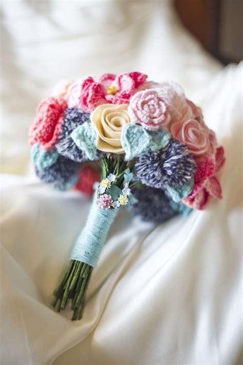 Bride Bouquet Of Crochet Flowers Felt Buttons Brooch Pom Pom Wedding