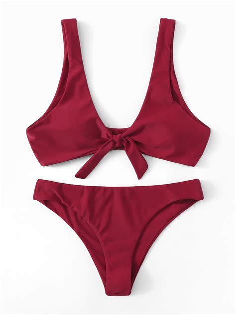 Red Burgundy Knot Front Cami Top Swimsuit With High Leg Bikini Bottom