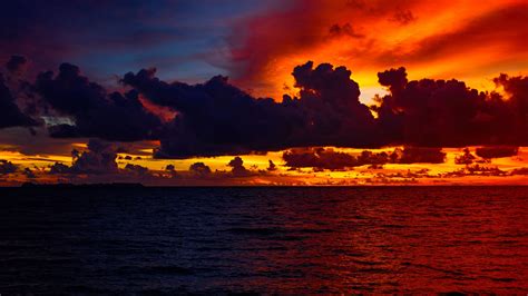 Calm Ocean Water Under Black Red Yellow Clouds Sky During Night Scenery