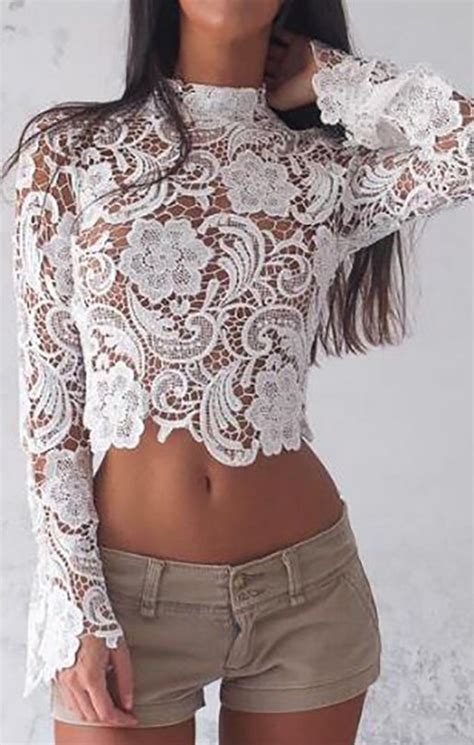 White Lace Tight Fitted Top With Long Sleeves Elegant Lace Top