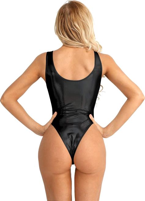 Yoojia Womens Shiny Metallic Leotard Holographic High Cut Thong Bodysuit One Piece Swimsuit At