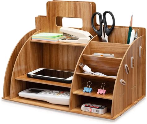 Tonsmile Office Wooden Desk Desktop Tidy Storage Stationery Organiser