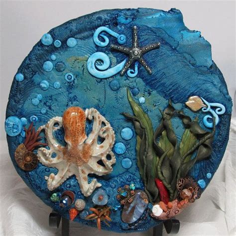 Polymer Clay Plate With Ceramic Octopus Ocean Scene Modeling And