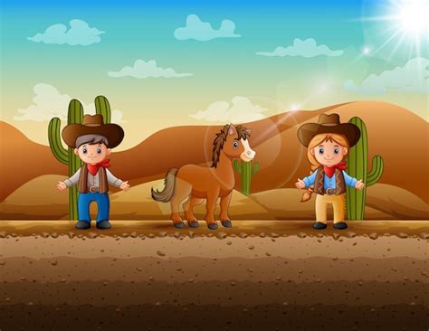 Карикатура иллюстрации ковбой и пастушка в пустыне Премиум векторы