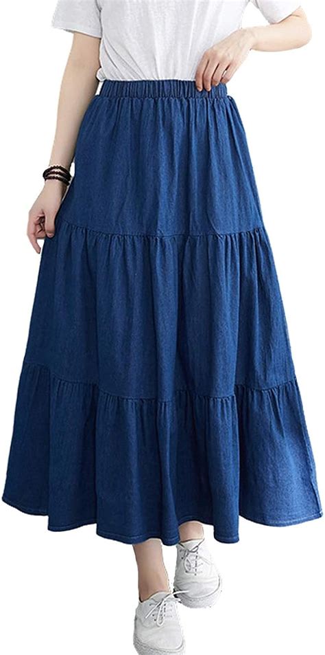 Femiserah Womens Elastic Waist Denim Tiered Skirt Long Prairie Skirt Peasant Skirt Dark Blue